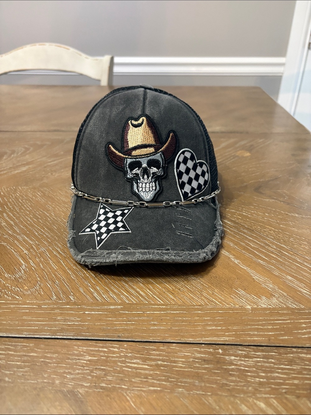 Skull Cowboy Patch Distressed Baseball Cap - Black